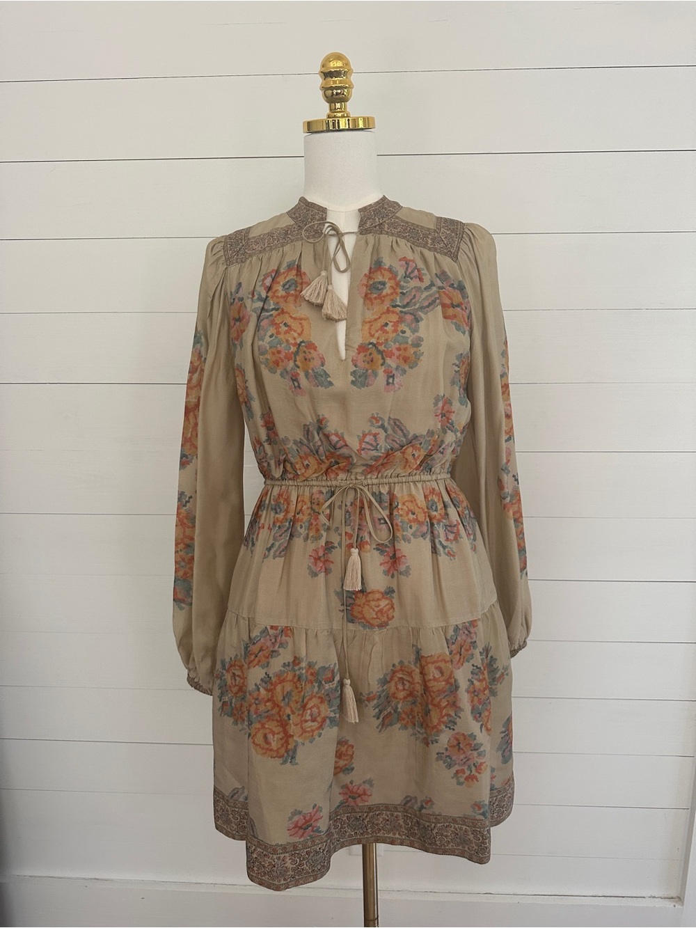 Sea New York Bohemian Floral Tie-Waist Long-Sleeve Dress in Beige